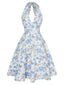 Abito scollo a V floreale blu anni '50