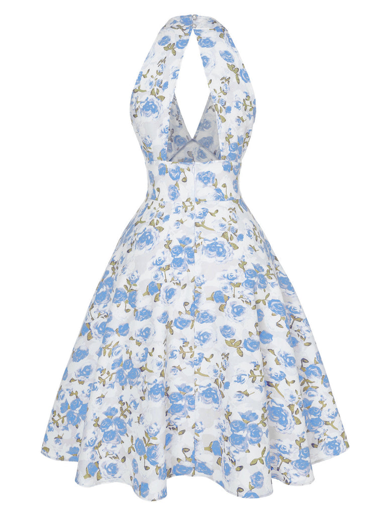 Abito scollo a V floreale rosa anni '50
