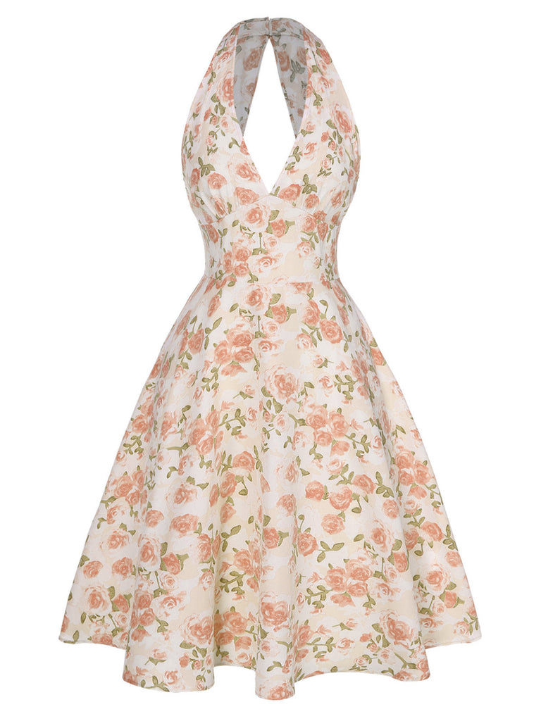 Abito scollo a V floreale rosa anni '50