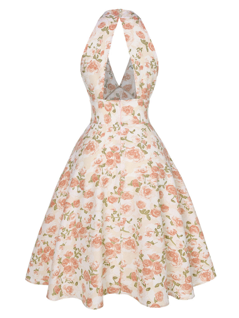 Abito scollo a V floreale rosa anni '50