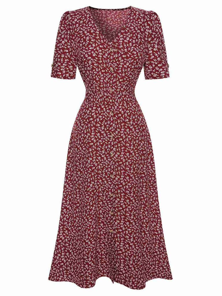 Abito fiori a fiorellini con scollo a V bordeaux anni '40