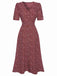Abito fiori a fiorellini con scollo a V bordeaux anni '40
