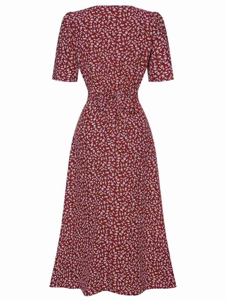 Abito fiori a fiorellini con scollo a V bordeaux anni '40