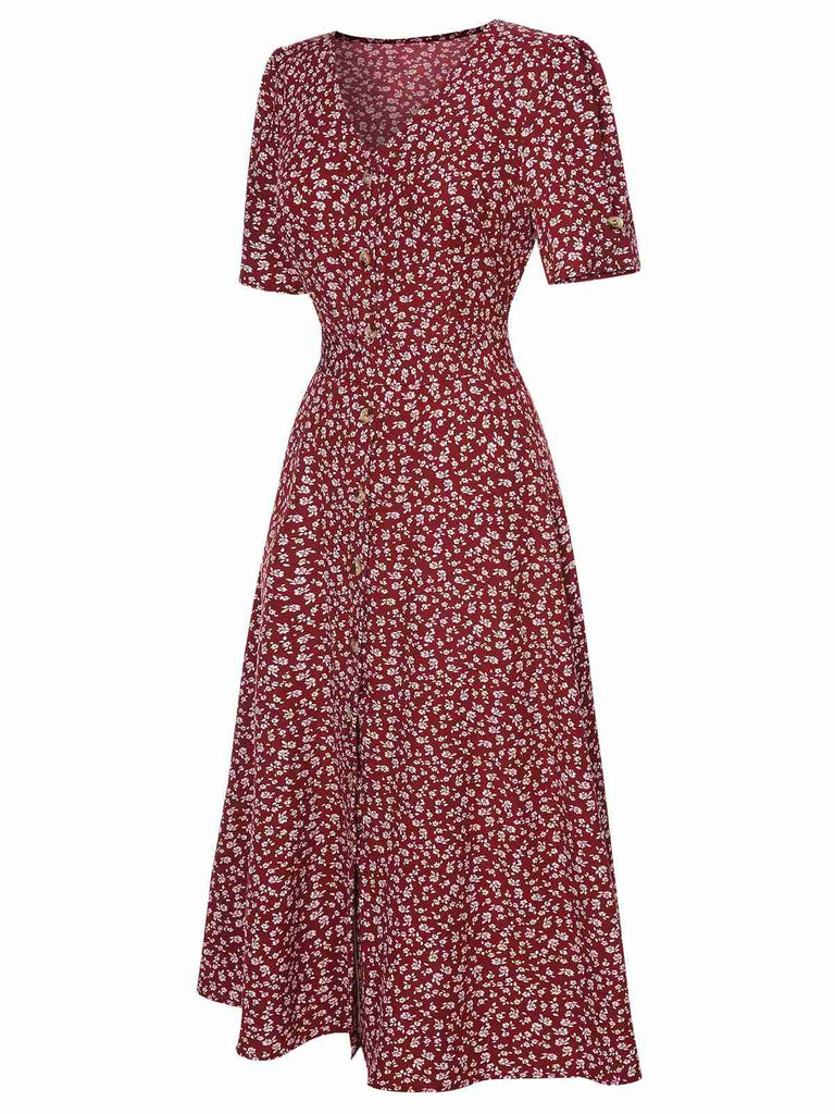 Abito fiori a fiorellini con scollo a V bordeaux anni '40