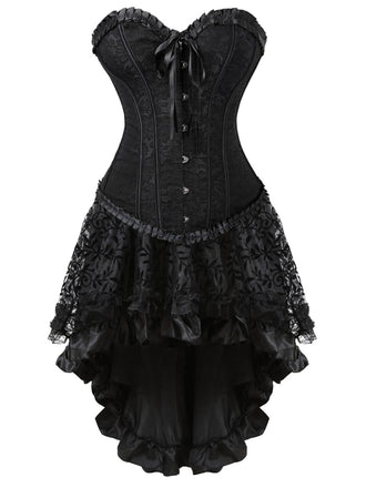 [Prevendita] 2PCS Corsetto in pizzo steampunk e gonna alta e bassa nero anni '70