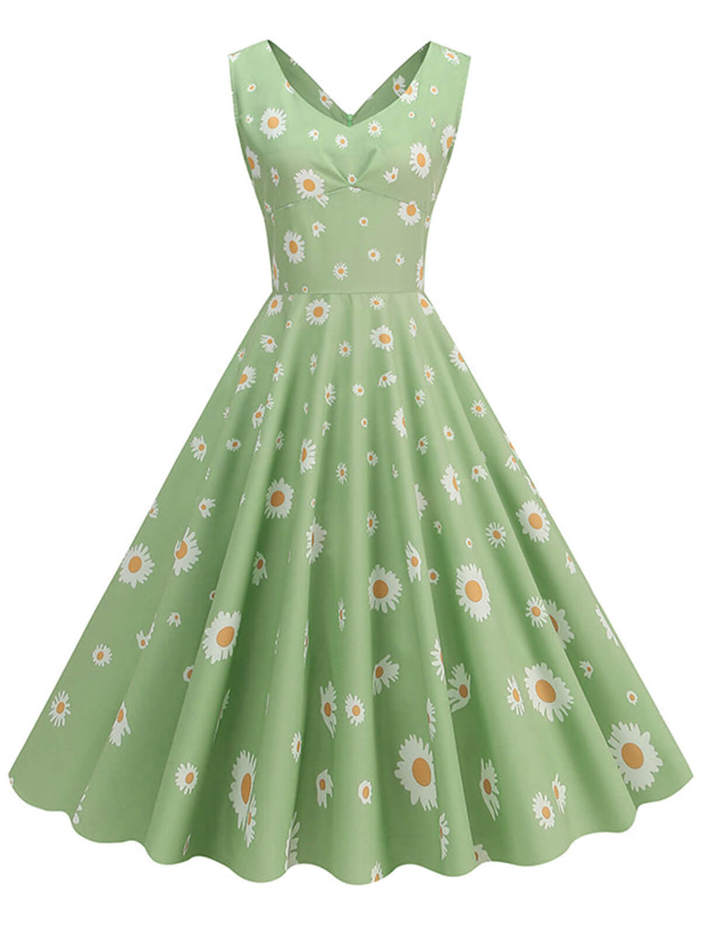 Abito a ruota margherite con scollo a V verde anni '50