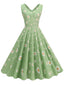 Abito a ruota margherite con scollo a V verde anni '50
