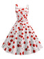 Abito ciliegia con spalline larghe bianco anni '50