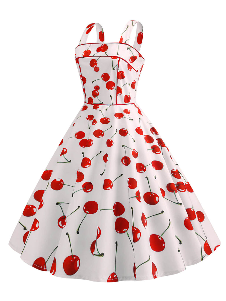 Abito ciliegia con spalline larghe bianco anni '50