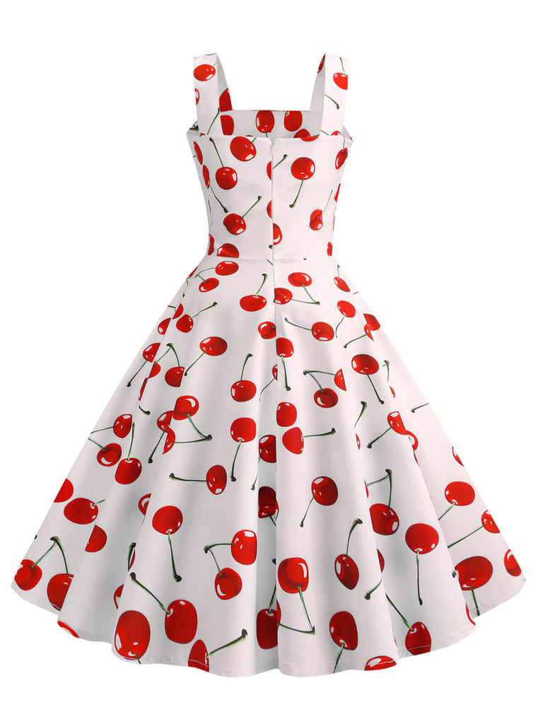 Abito ciliegia con spalline larghe bianco anni '50