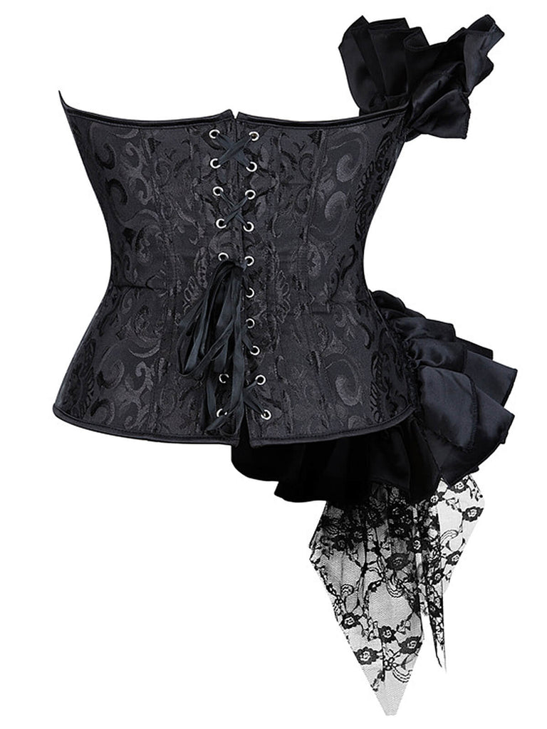 Corsetto stempunk patchwork in pizzo arricciato nero anni '70