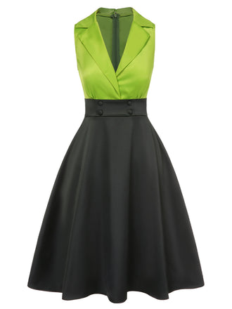 Abito in raso patchwork con revers verde anni '50