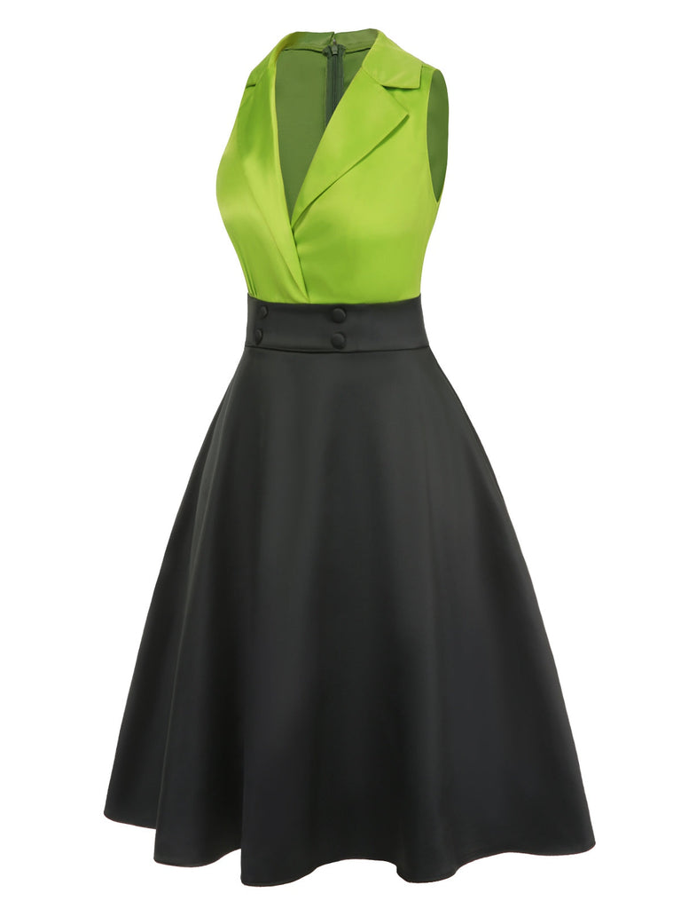 Abito in raso patchwork con revers verde anni '50