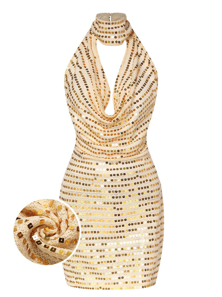 Abito con paillettes e scollo a V profondo beige anni '70