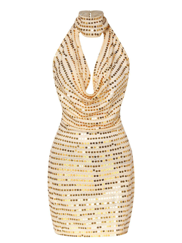 Abito con paillettes e scollo a V profondo beige anni '70