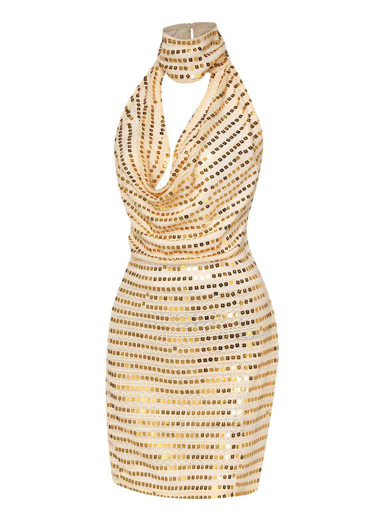 Abito con paillettes e scollo a V profondo beige anni '70