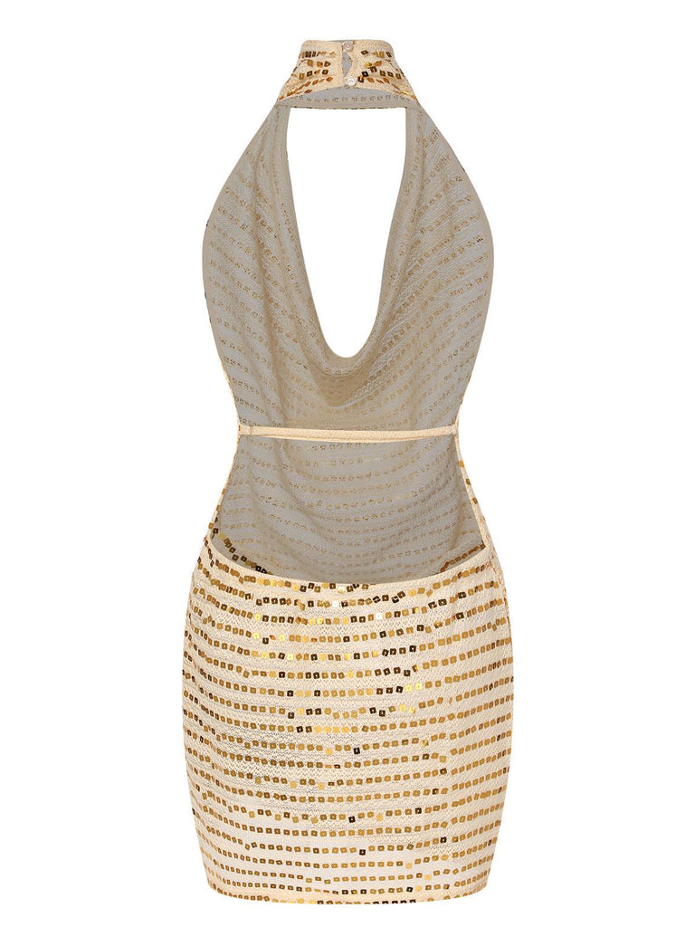 Abito con paillettes e scollo a V profondo beige anni '70