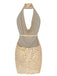 Abito con paillettes e scollo a V profondo beige anni '70