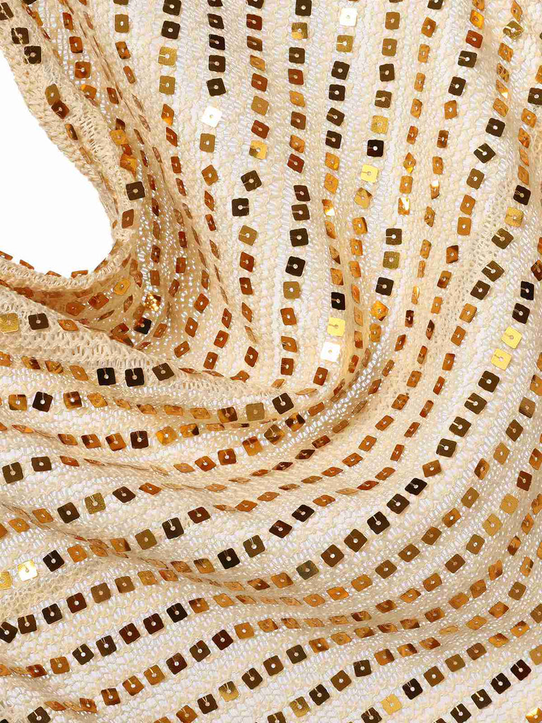 Abito con paillettes e scollo a V profondo beige anni '70