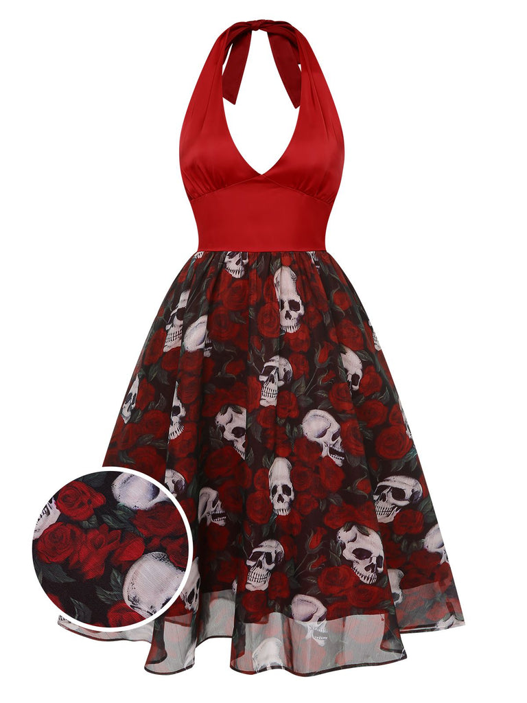 Abito con scheletro e rose in rete Halloween bordeaux anni '50