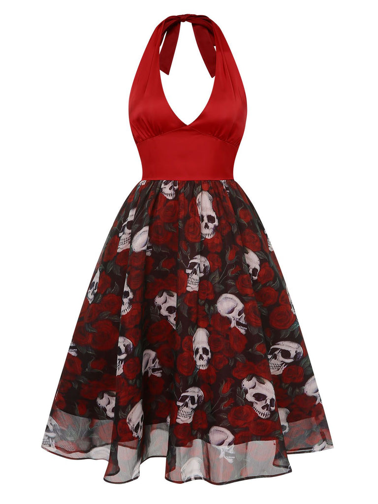 Abito con scheletro e rose in rete Halloween bordeaux anni '50