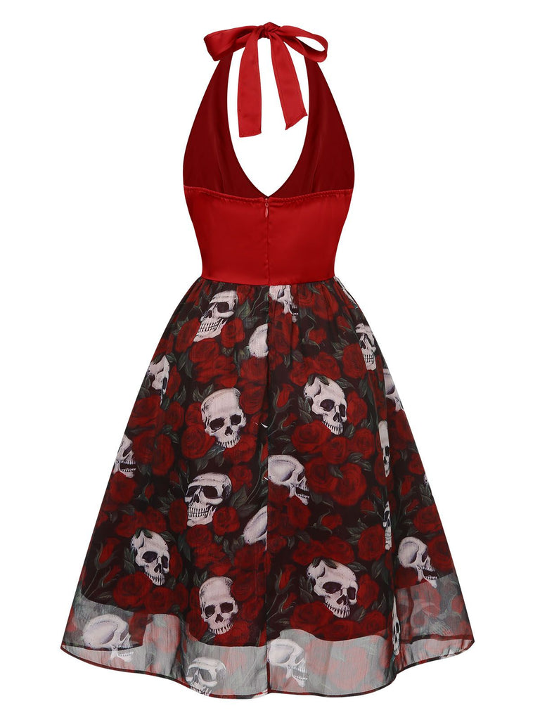 Abito con scheletro e rose in rete Halloween bordeaux anni '50