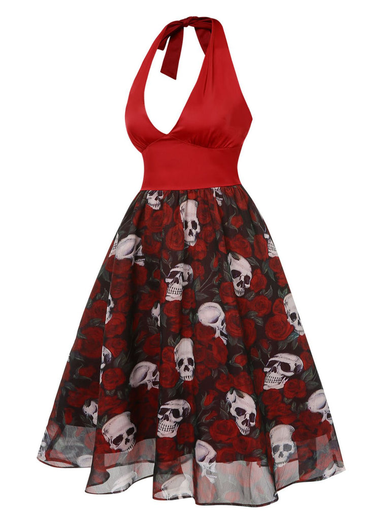 Abito con scheletro e rose in rete Halloween bordeaux anni '50