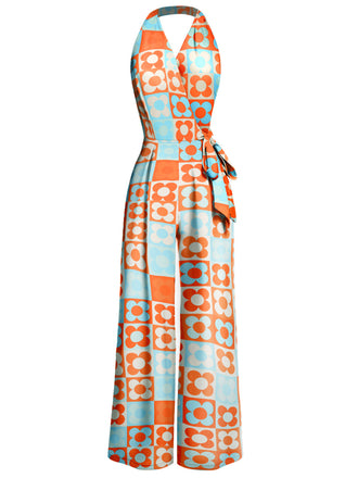 Tuta lunga senza maniche con stampa floreale colorblock anni '60