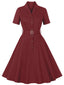 Abito con cintura e revers a tinta unita bordeaux anni '50