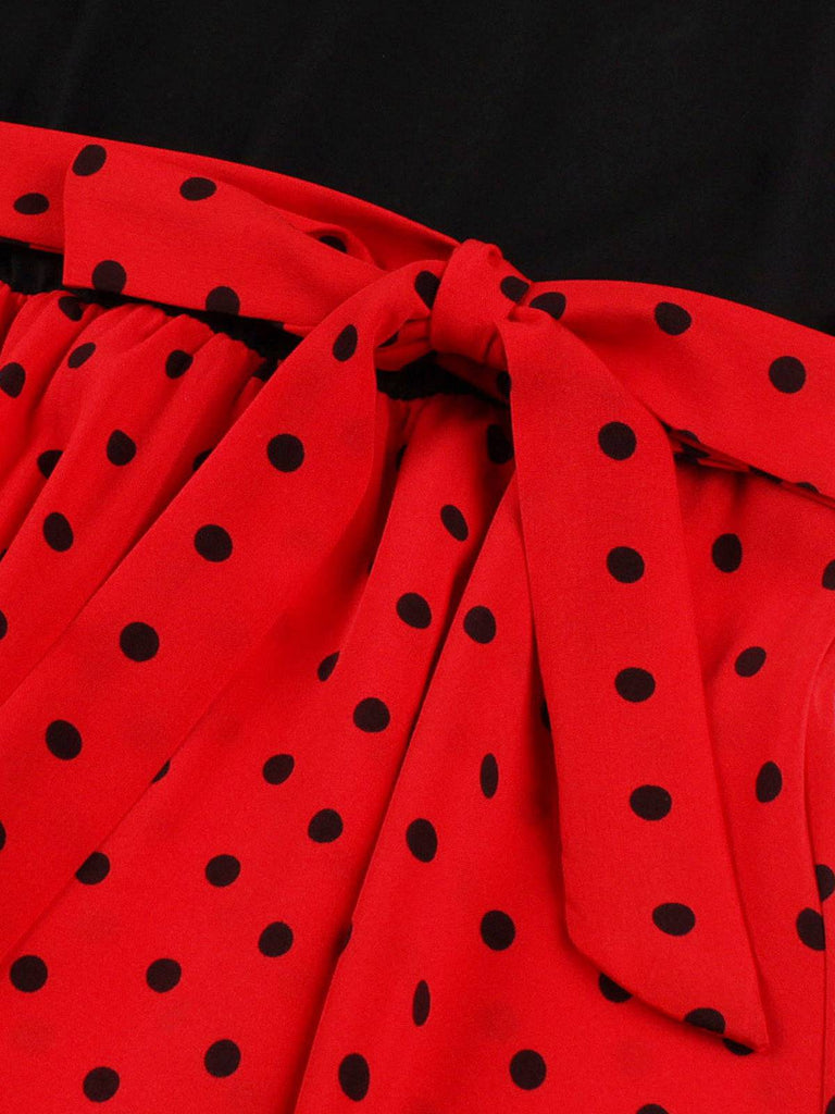 Abito a pois con cintura patchwork rosso anni '50