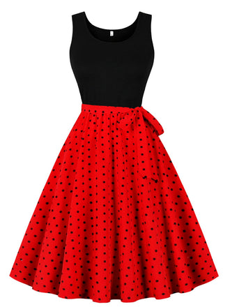 Abito a pois con cintura patchwork rosso anni '50