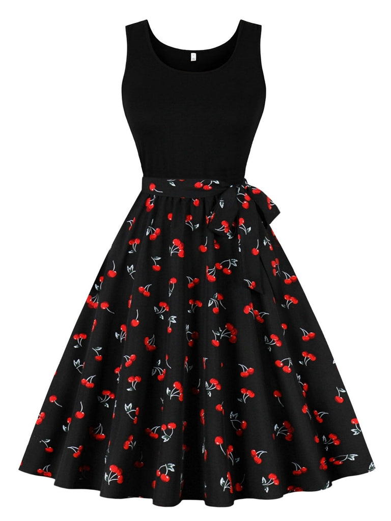 Abito a ruota rosso ciliegia patchwork nero anni '50