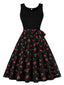 Abito a ruota rosso ciliegia patchwork nero anni '50