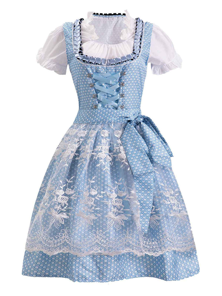 Completo con abito patchwork in pizzo Oktoberfest blu anni '50