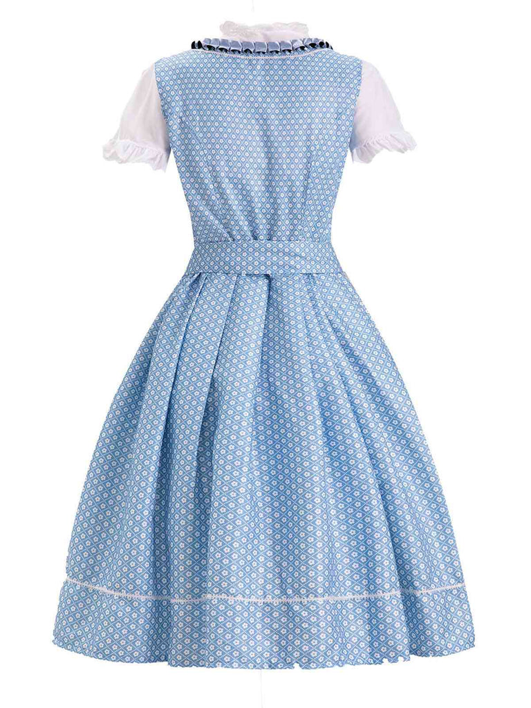 Completo con abito patchwork in pizzo Oktoberfest blu anni '50