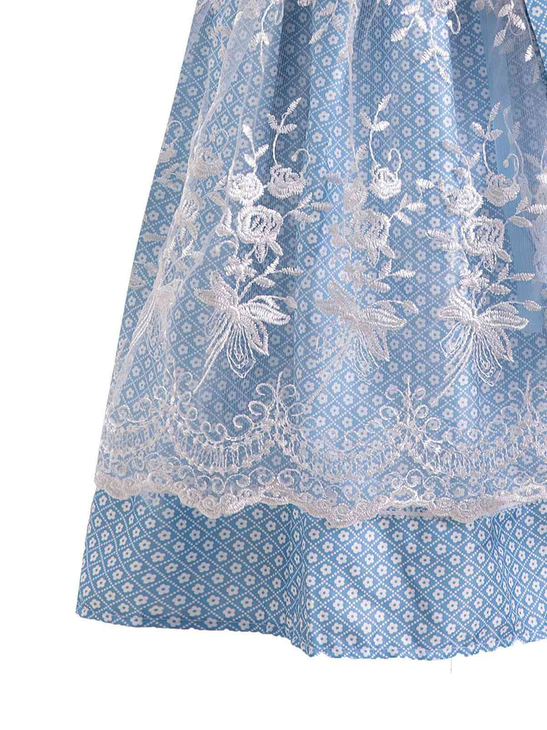 Completo con abito patchwork in pizzo Oktoberfest blu anni '50