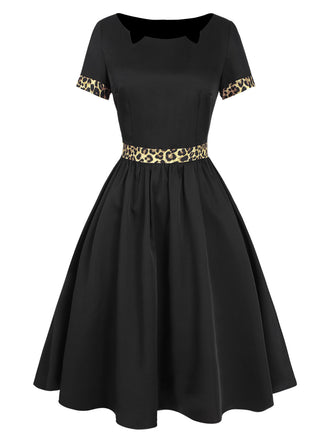 Abito leopardo con scollo a barca patchwork nero anni '50