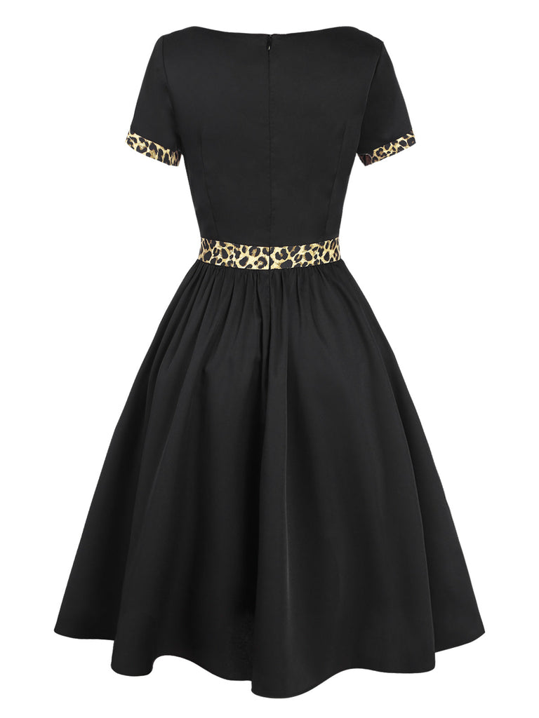 Abito leopardo con scollo a barca patchwork nero anni '50