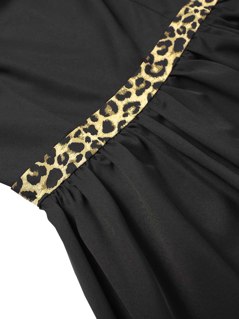 Abito leopardo con scollo a barca patchwork nero anni '50