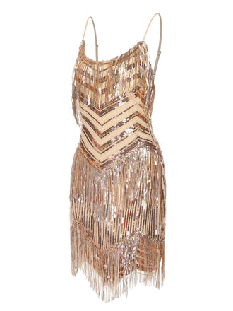 Abito beige spalline sottili frange in paillettes anni '20