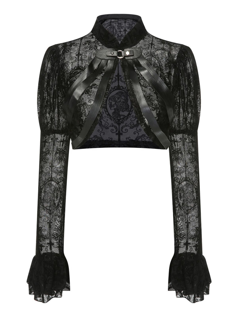 Top con fibbia in pizzo gotico di Halloween nero anni '60