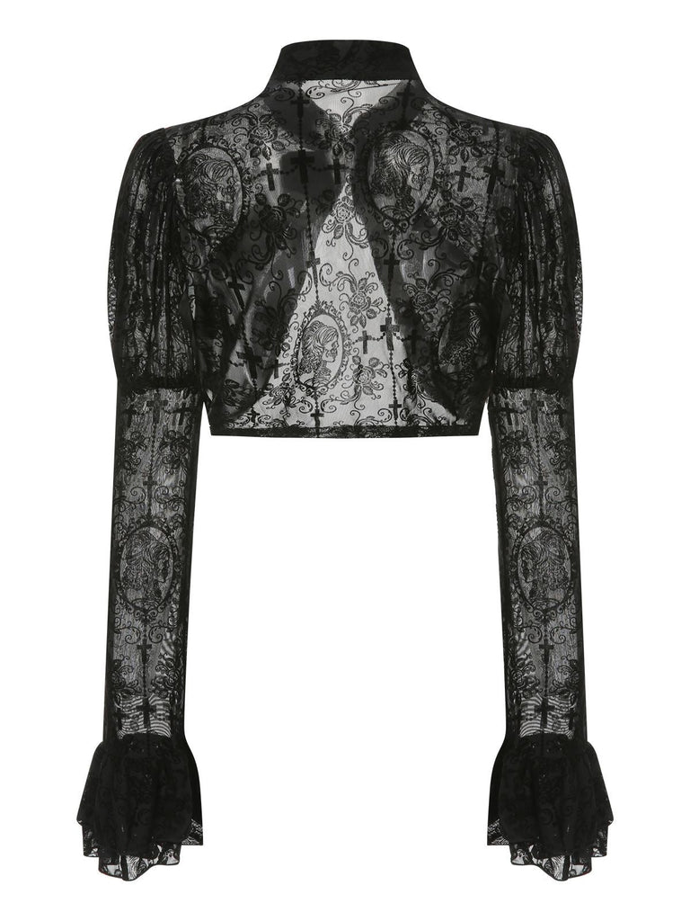 Top con fibbia in pizzo gotico di Halloween nero anni '60