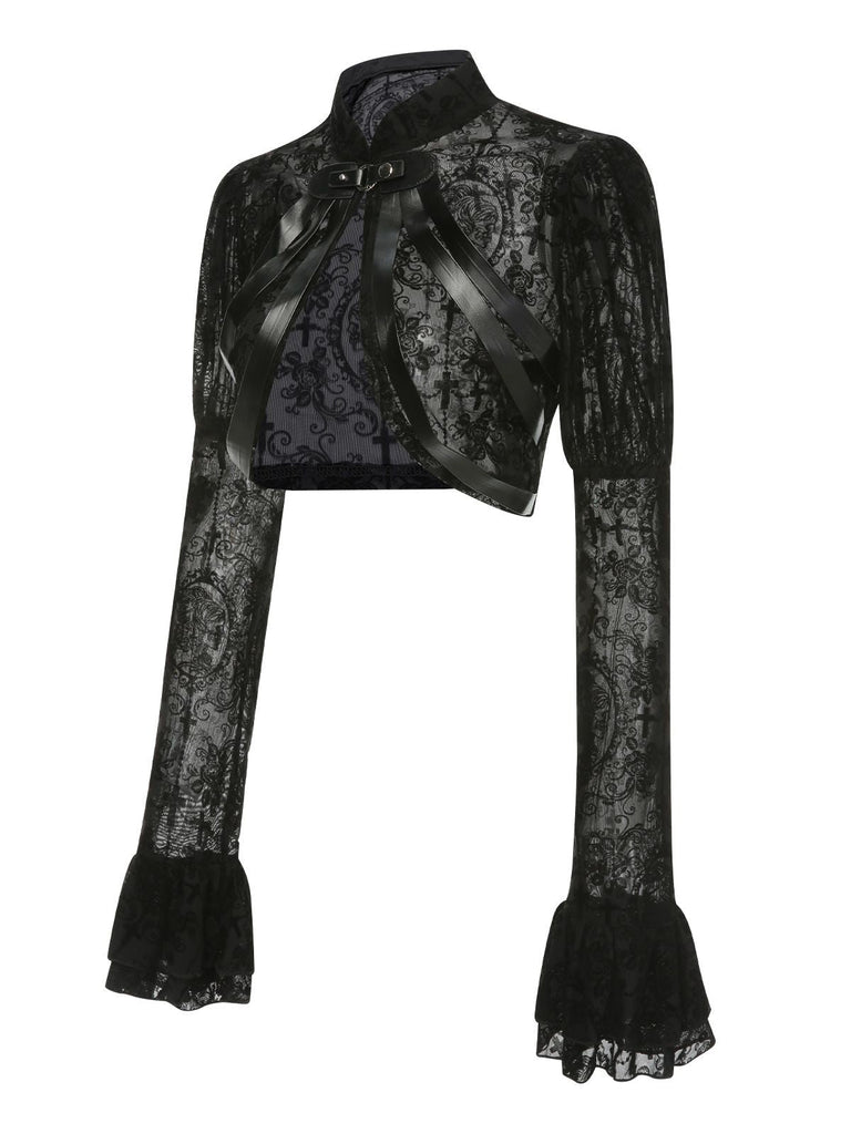 Top con fibbia in pizzo gotico di Halloween nero anni '60