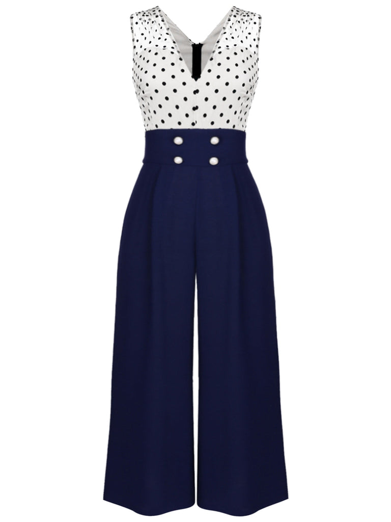 [Taglia Forti] Tuta lunga a pois patchwork blu scuro anni '30