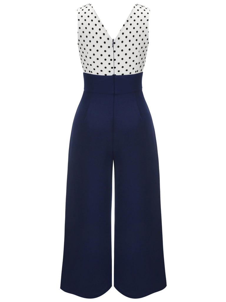 [Taglia Forti] Tuta lunga a pois patchwork blu scuro anni '30