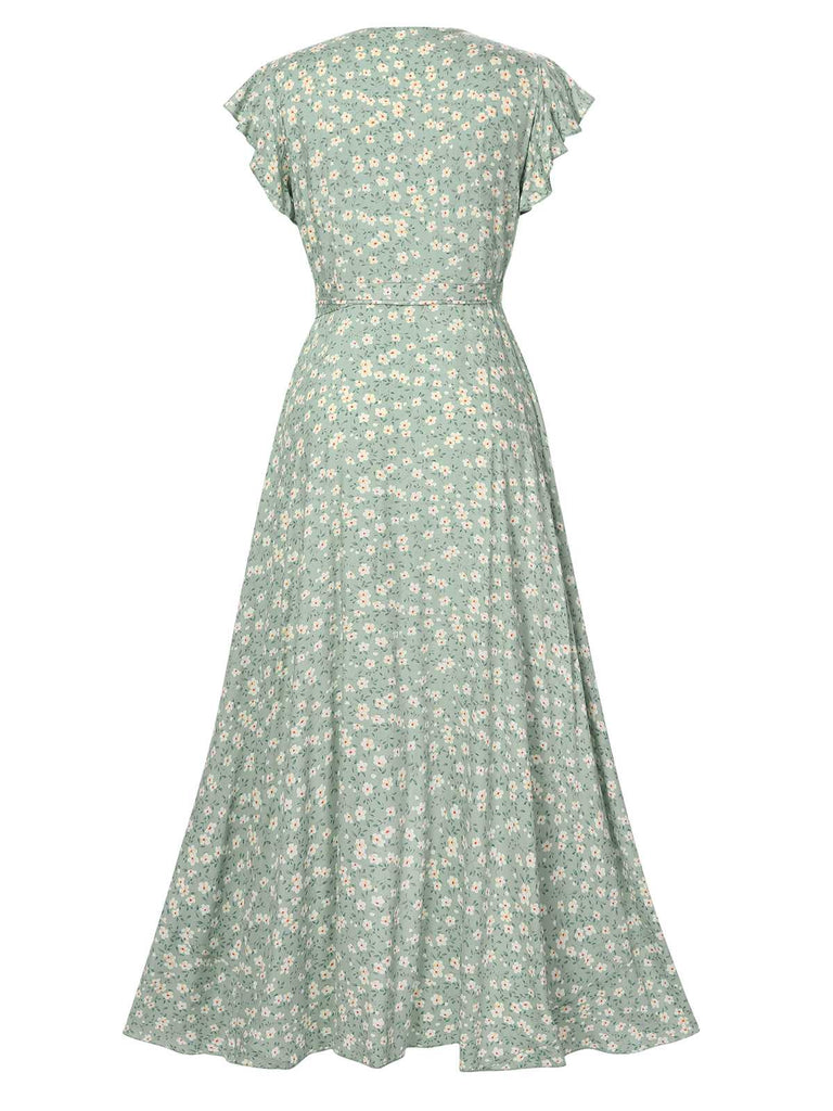 Abito floreale e orlo irregolare scollo a V verde anni '40
