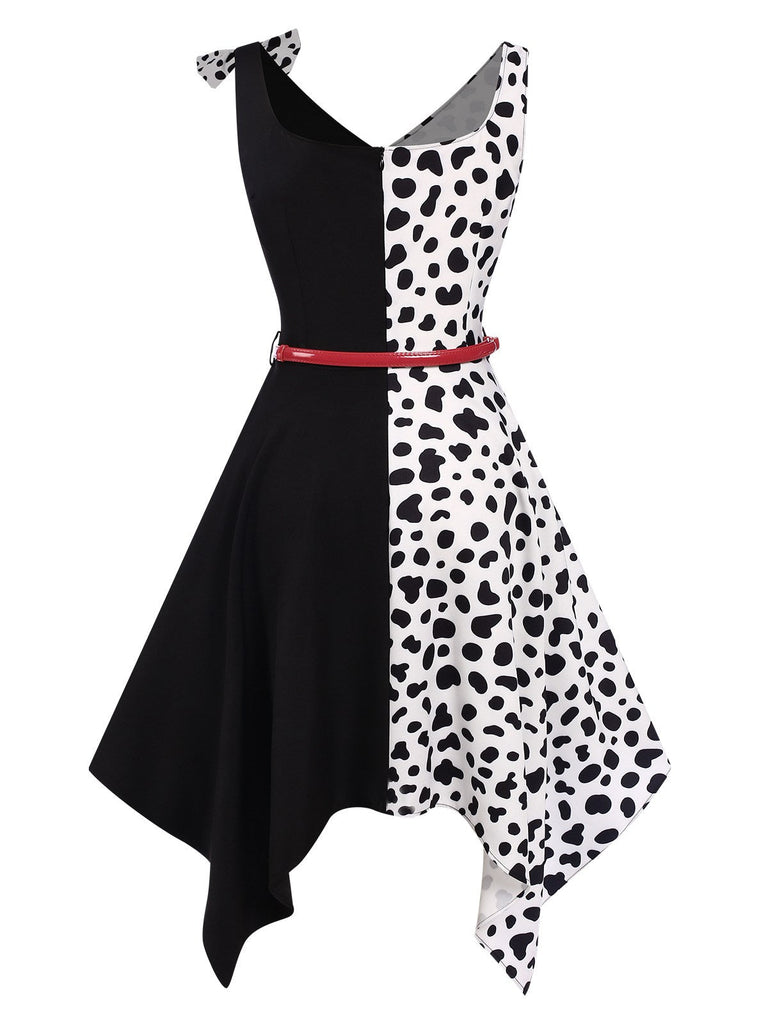 Abito con macchie di mucca patchwork nero anni '70
