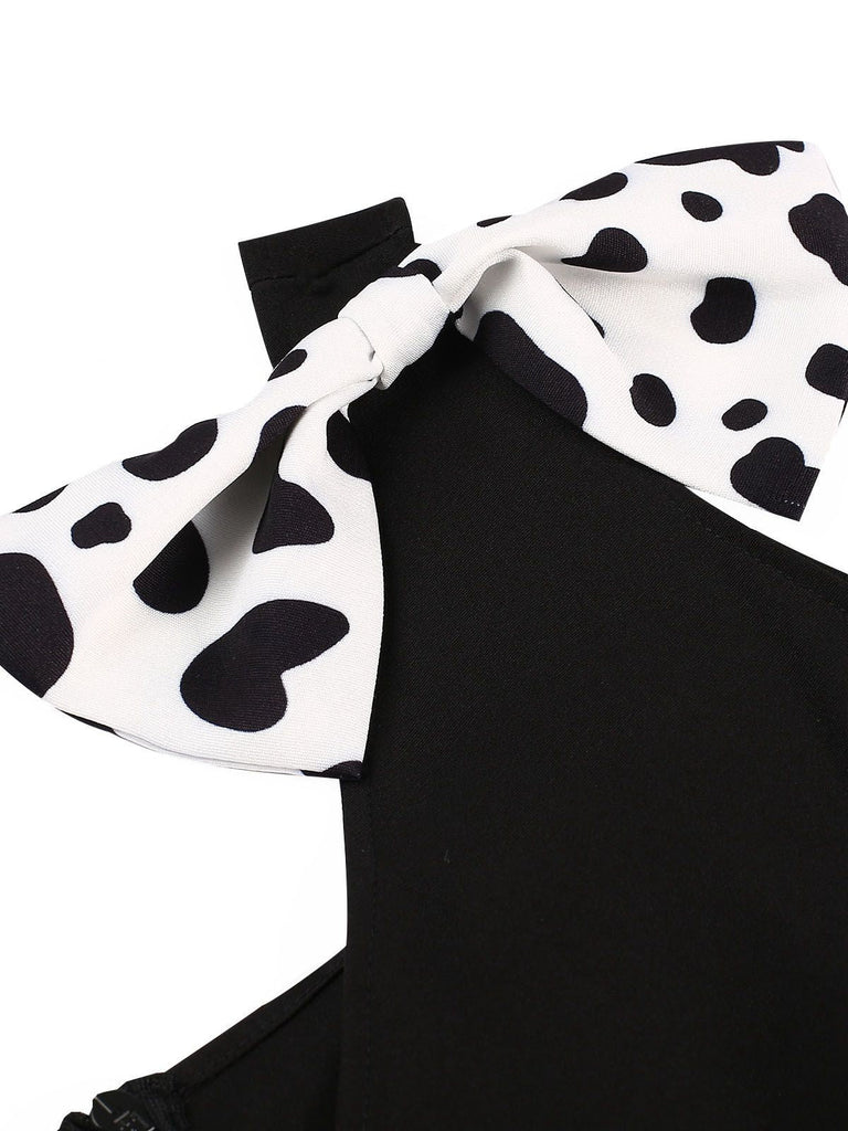 Abito con macchie di mucca patchwork nero anni '70