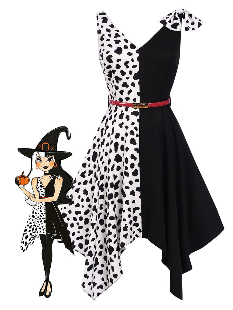 Abito con macchie di mucca patchwork nero anni '70