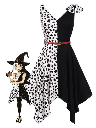 Abito con macchie di mucca patchwork nero anni '70